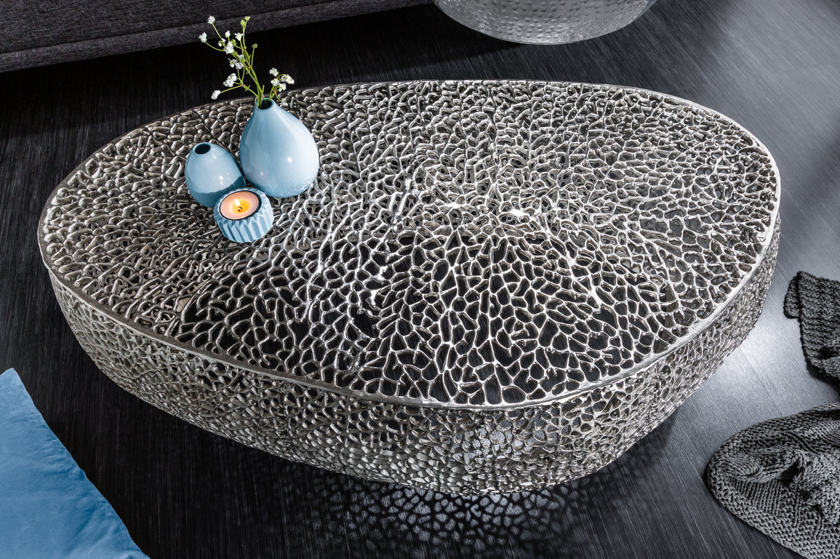 Coffee table LEAF 122cm metal silver handmade