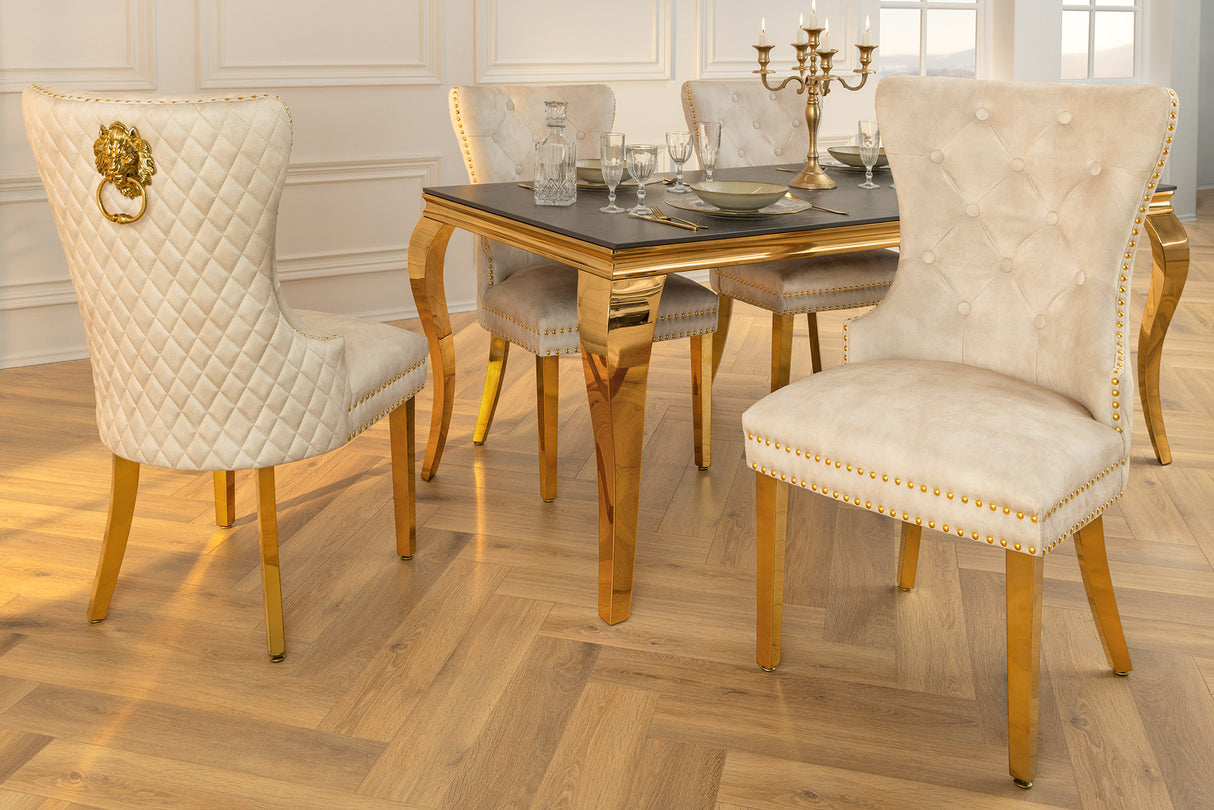 Stuhl CASTLE mit Löwenkopfgriff Samt beige goldene Beine im Barockstil