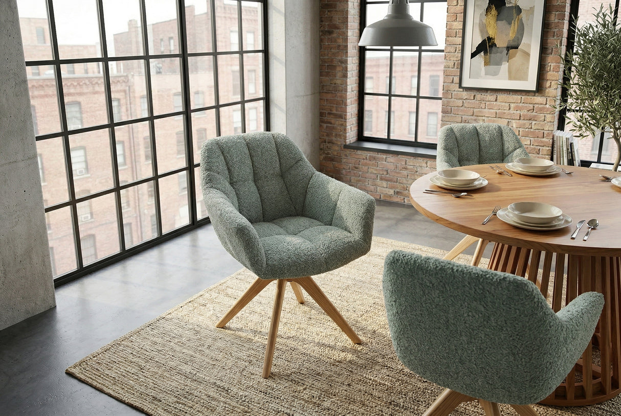 Swivel chair PAPILLON rotatable 180° sage green bouclé w/ armrests oak look legs