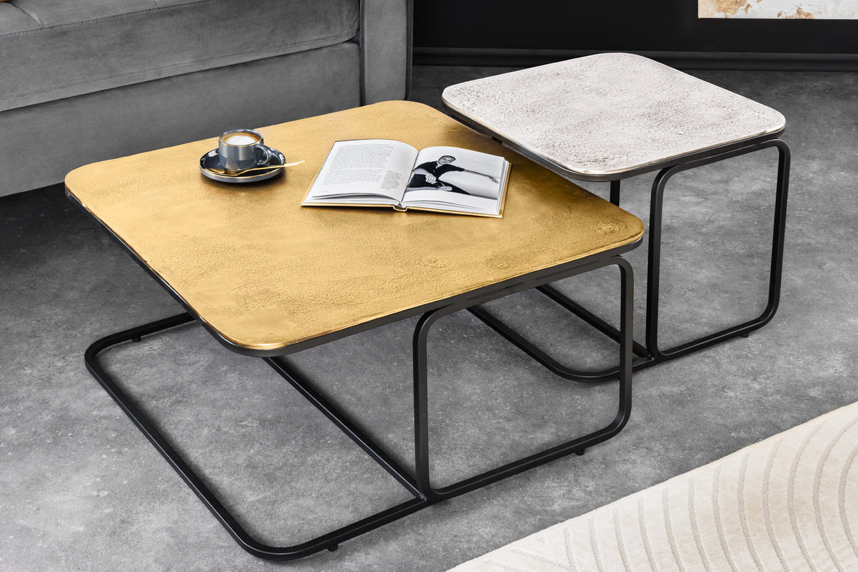Coffee table ABSTRACT set of 2 60cm gold silver black metal frame