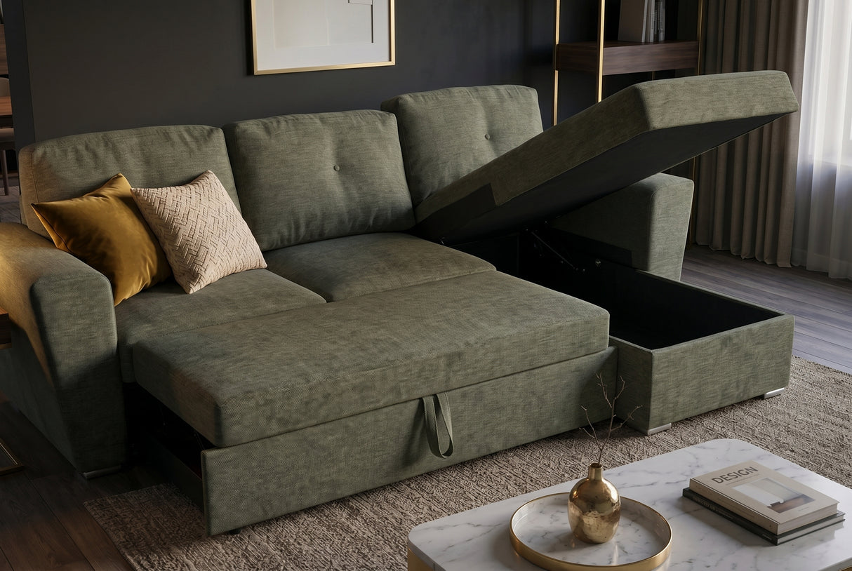 Sofa bed APARTMENT 245cm 3-seater w/ ottoman and storage space textured fabric green