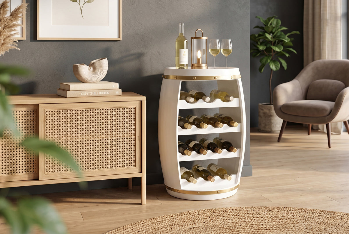 Wine barrel BODEGA 65cm for 14 bottles pine wood white