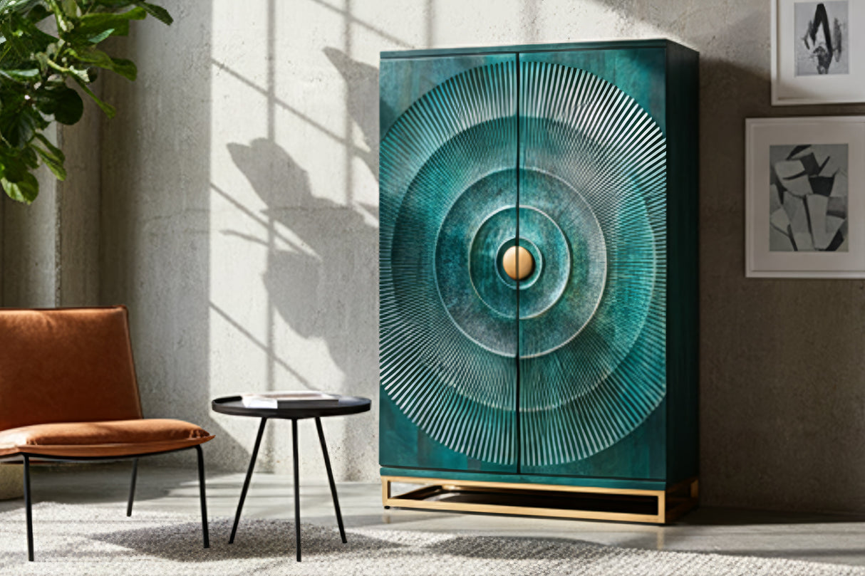 Barschrank GOLDEN SUNSET 140cm 3D Mangoholz türkis handgefertigt
