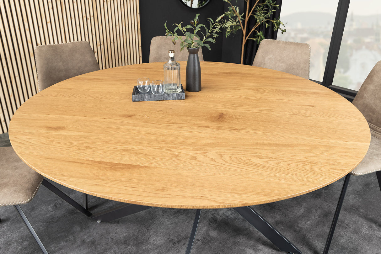 Dining table HELIX 120cm round natural wild oak wood look w/ black metal frame