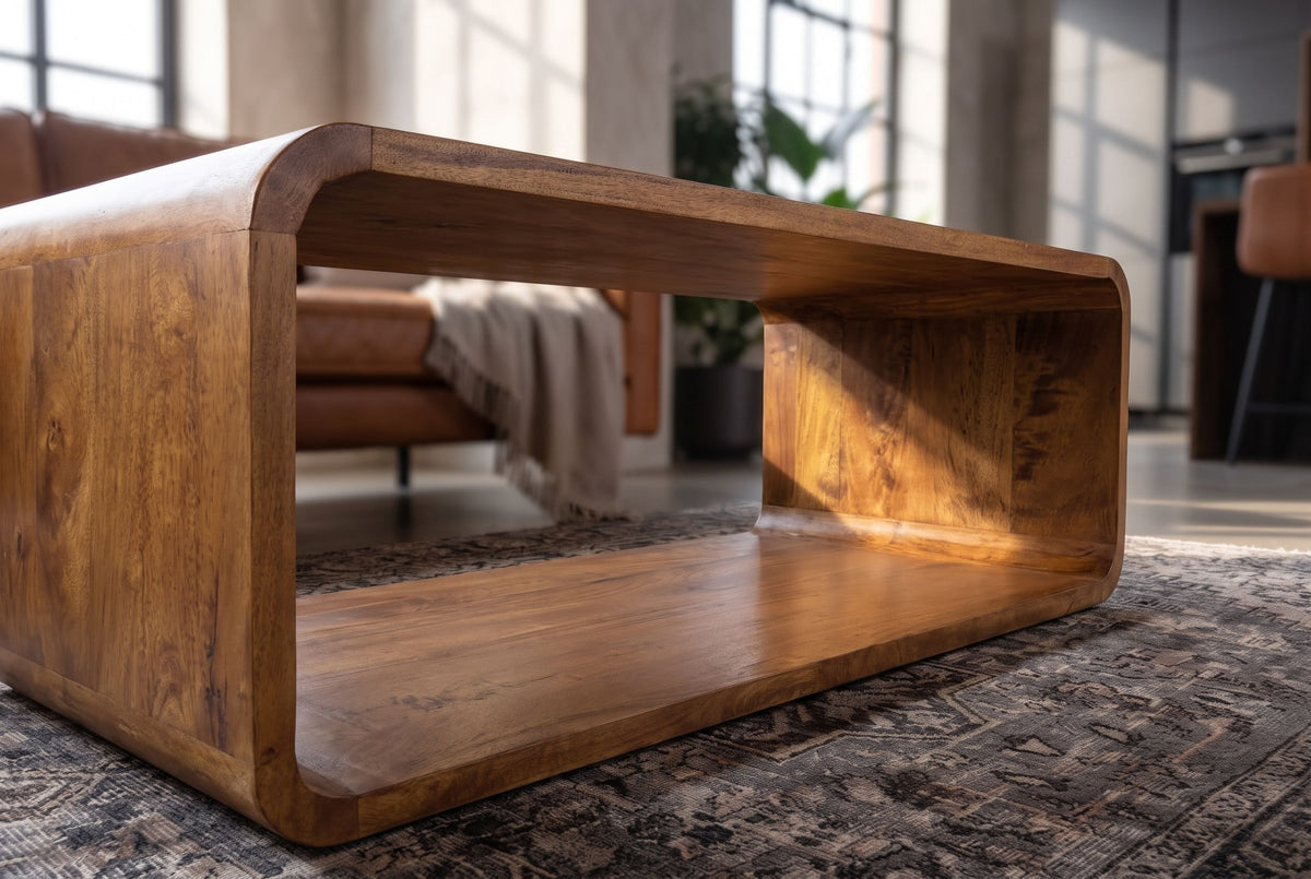 Coffee table CUBUS 100cm w/ storage space mango wood brown honey finish