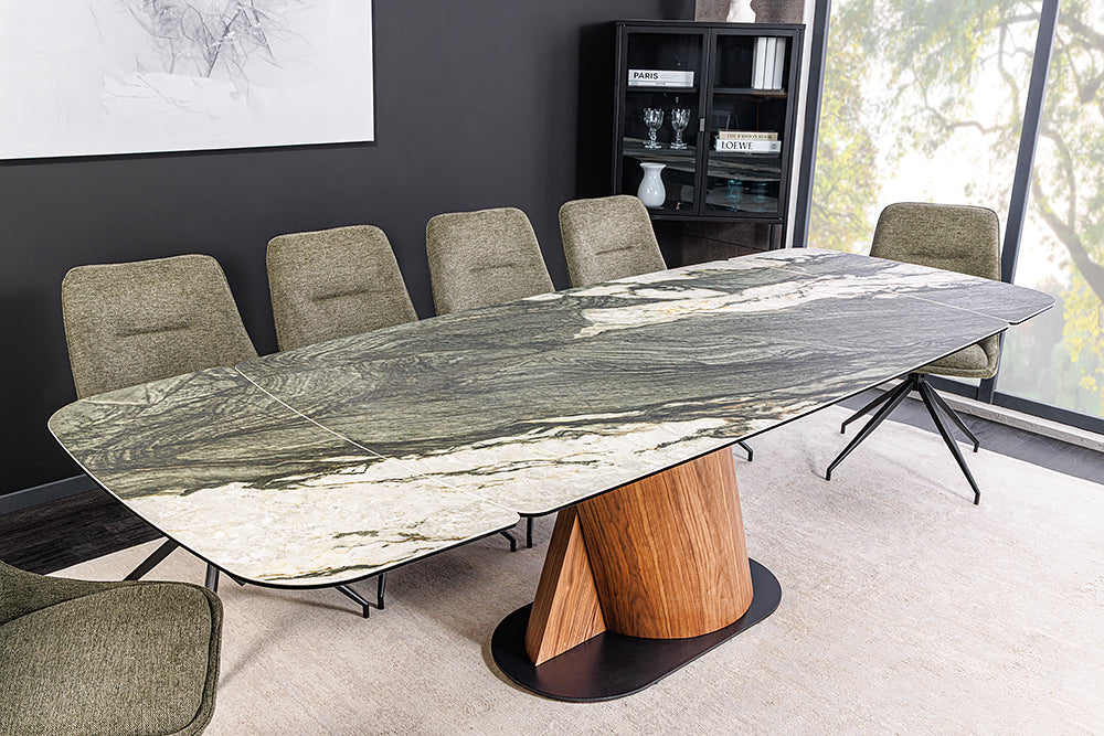 Dining table ELEMENTS 180-260cm extendable walnut frame w/ ceramic top taupe grey marble look