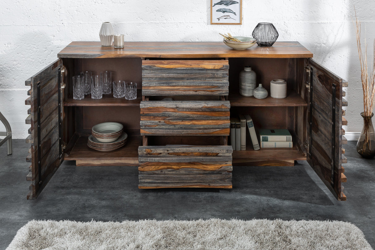 Sideboard RELIEF 160cm Sheesham Holz Rauchoptik