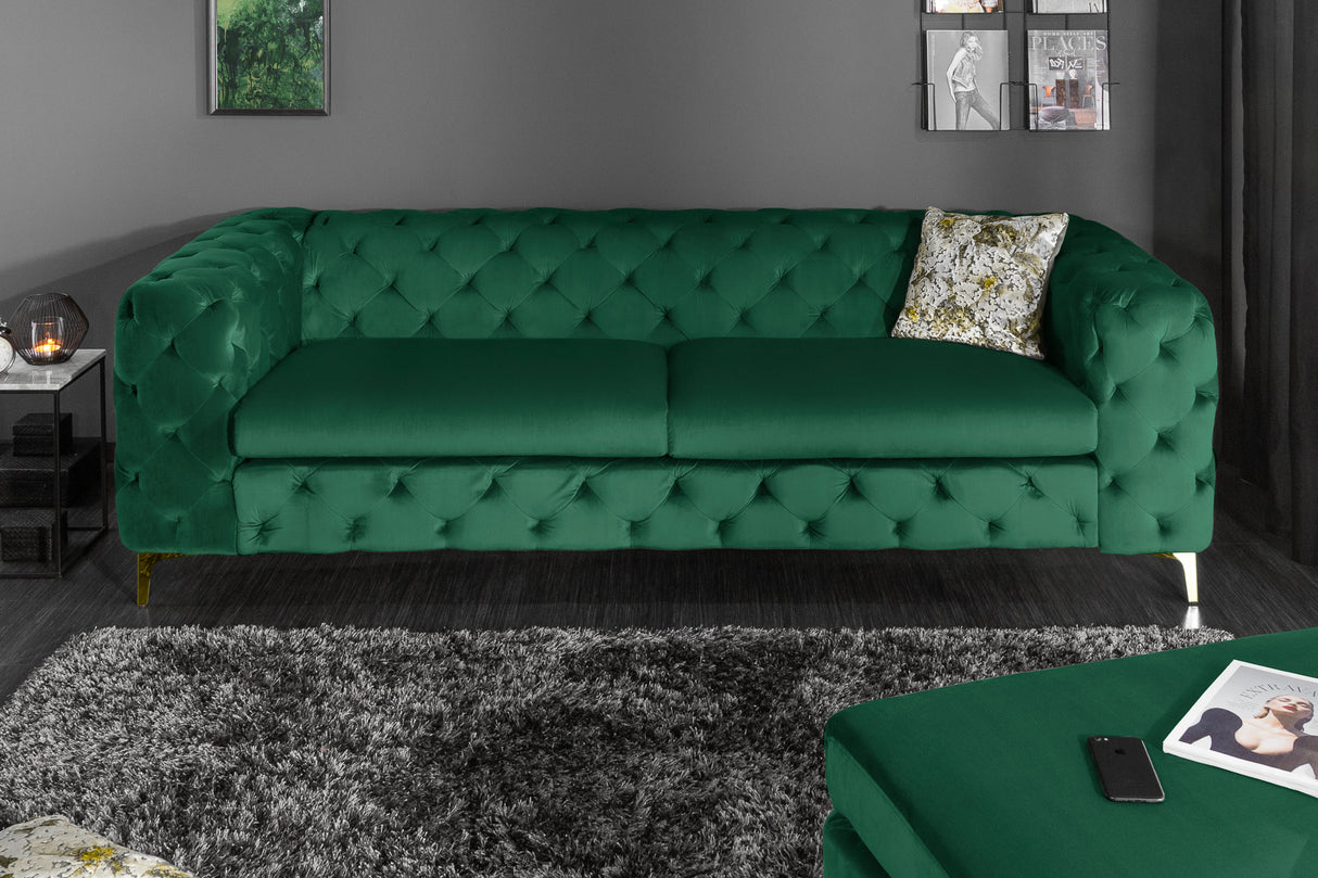 Sofa MODERN BAROCK 240 cm 3-Sitzer Samt Smaragd im Chesterfield-Stil