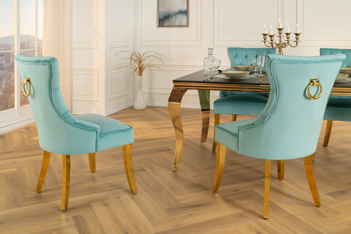 Stuhl CASTLE mit Komfortgriff samt blau goldenen Beinen im Chesterfield Stil