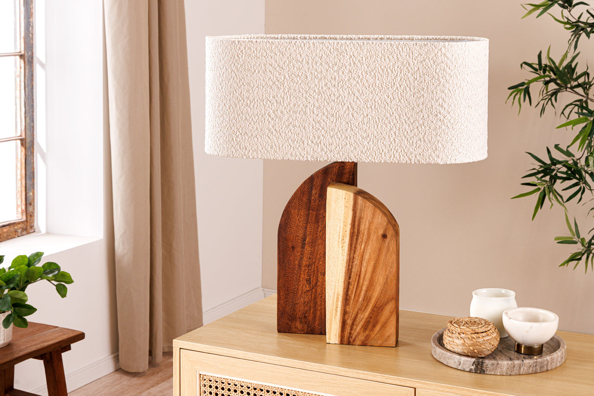 Table lamp LOVERS 60cm natural raintree wood lampshade bouclé white