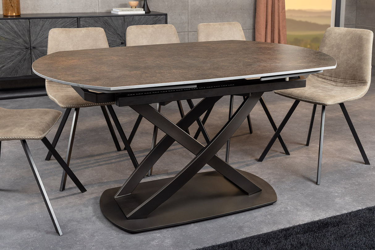 Dining table INCEPTION 130-190cm extendable w/ bronze rack oval ceramic top rust look