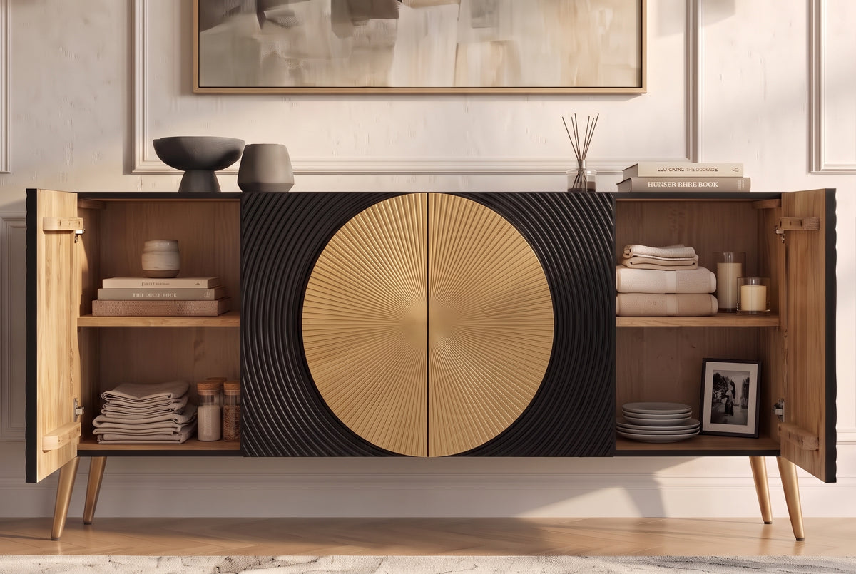 Sideboard AURUM 180cm textured front gold circle accent mango wood black gold metal feet