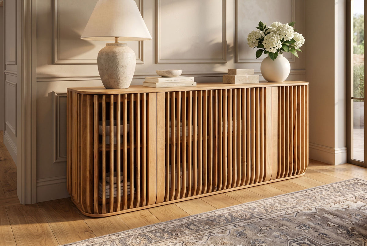 Sideboard SCULPTURA 170cm offene Lamellenfront abgerundete Kanten Mangoholz natur