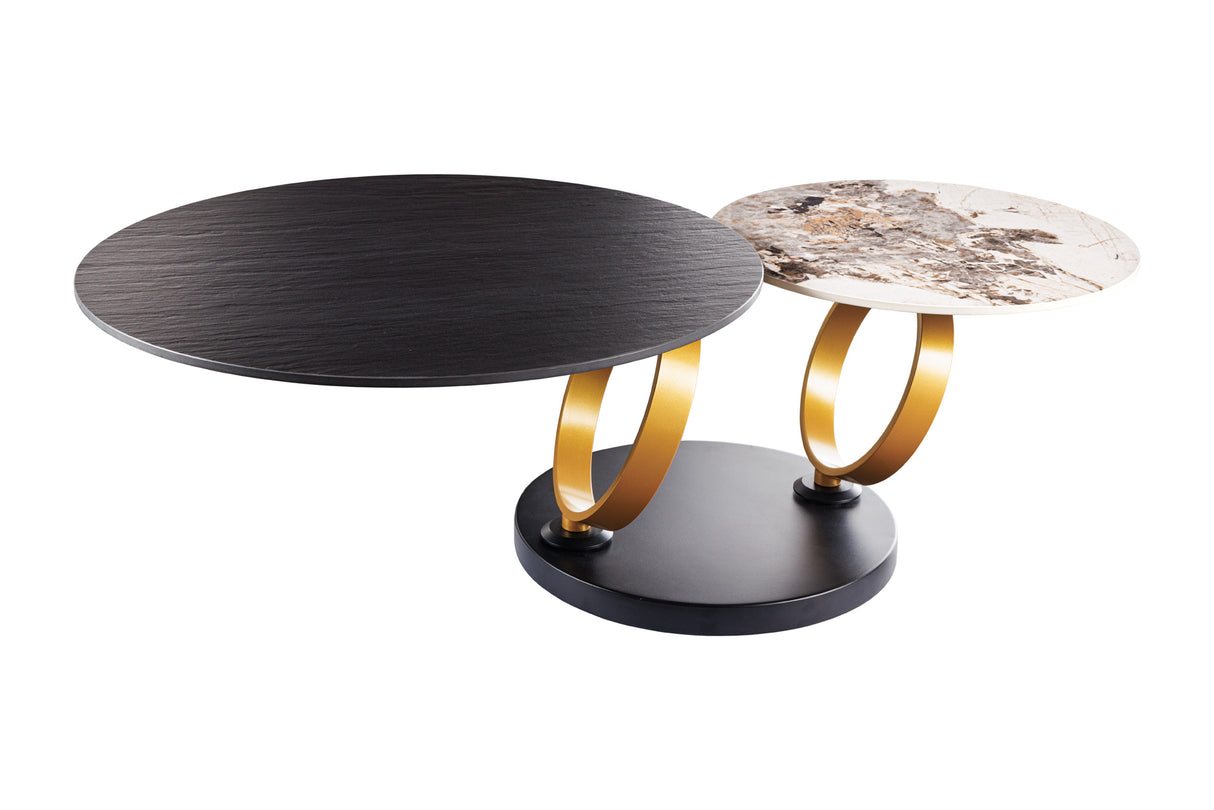 Coffee table DANCING RINGS 80-135cm rotatable ceramic black and natural stone look