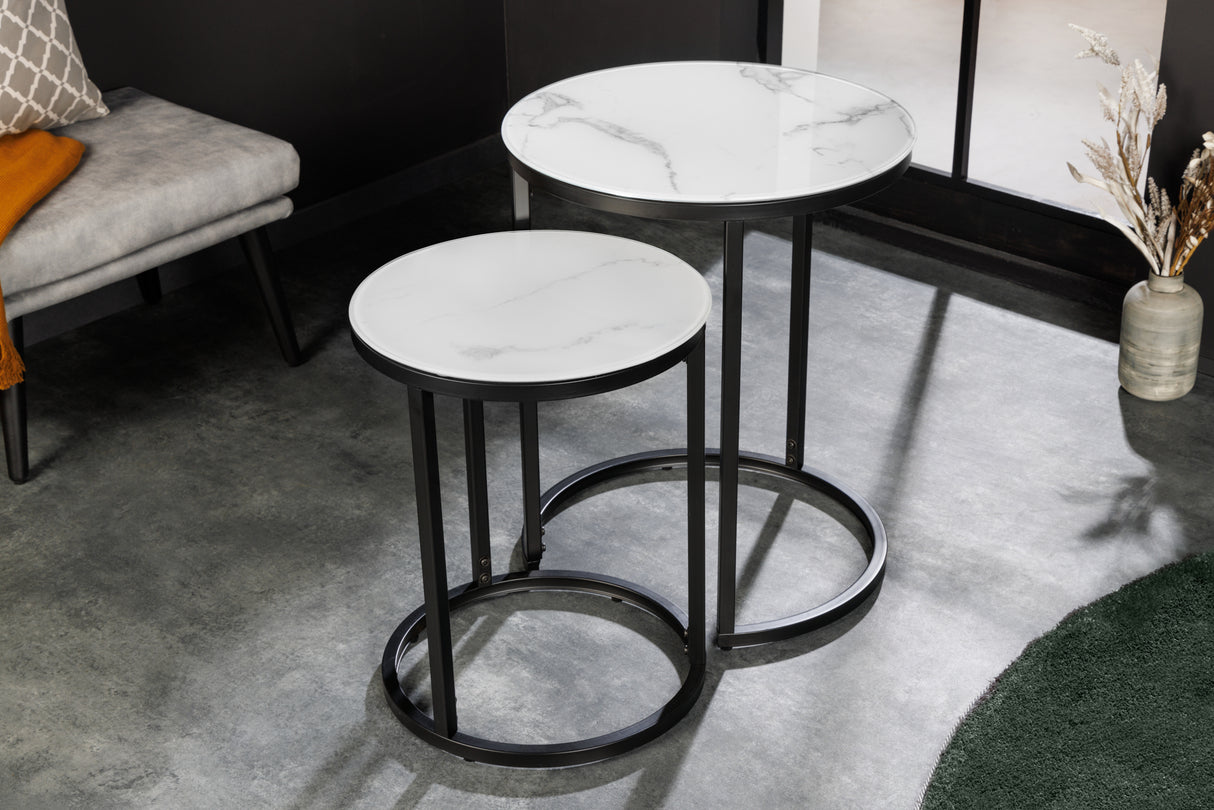 Side table ELEGANCE Ø 50-60cm round set of 2 marble look white black frame