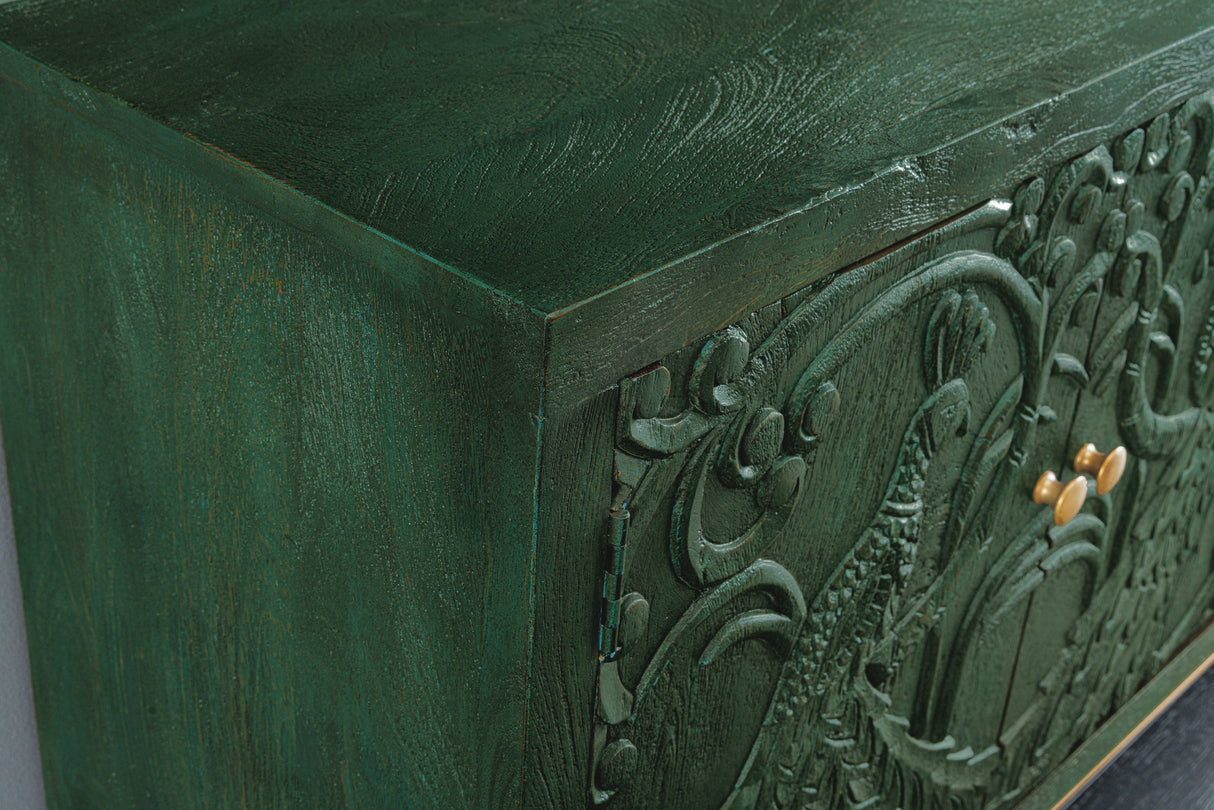 Sideboard PEACOCK 175cm 3D Mangoholz Antik-Look dunkelgrün gold handgefertigt