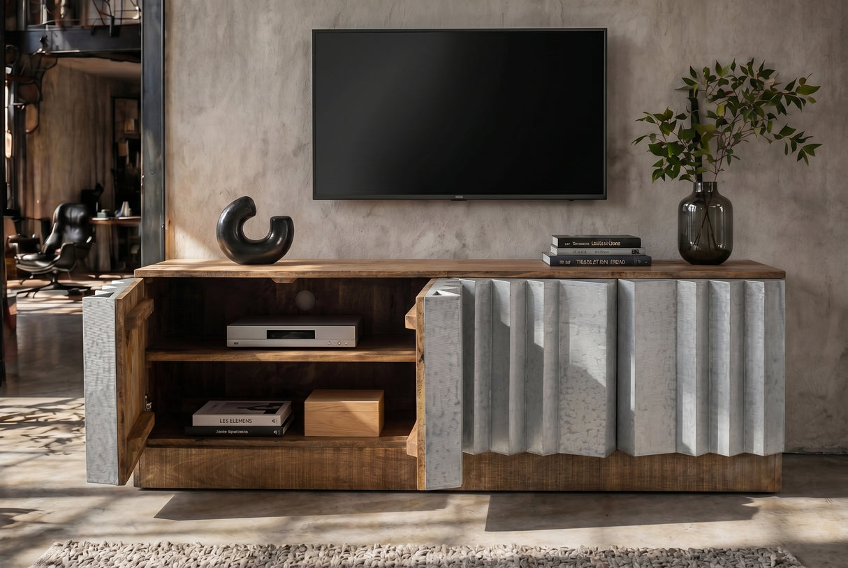 TV-Board ZALVERO 150cm Mangoholz Aluminiumfront natur silber