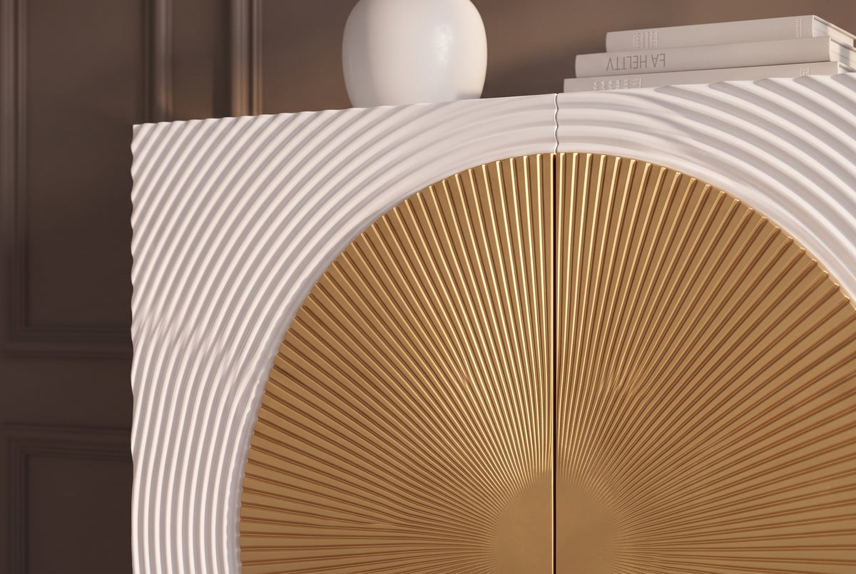 Highboard AURUM 120cm textured front gold circle accent mango wood white gold metal feet