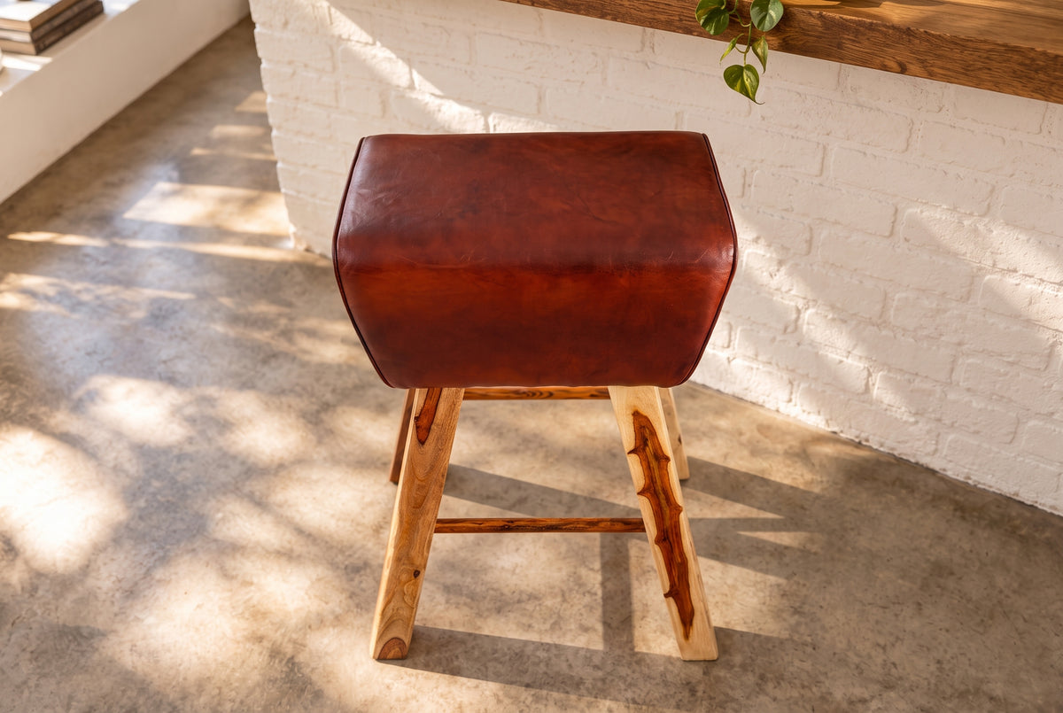 Barhocker TURNBOCK 75 cm Sitz gepolstert Mangoholz natur Echtleder kaffeebraun