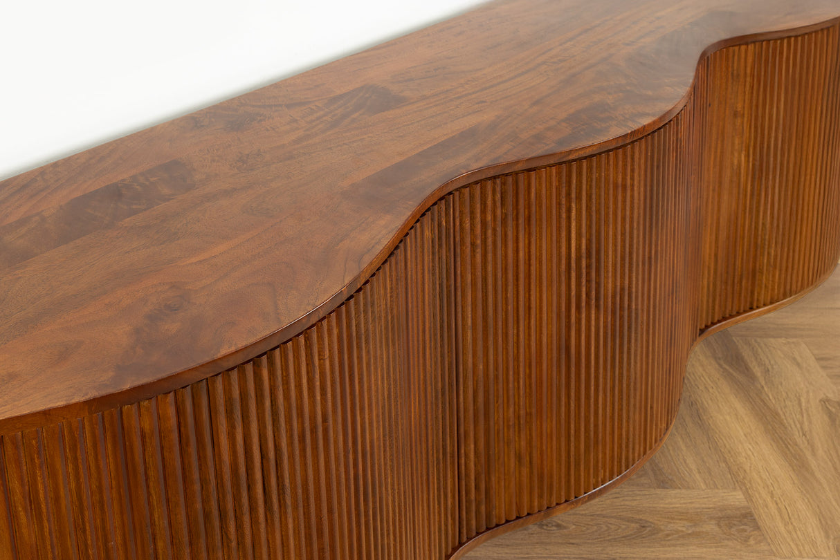 Sideboard GRANDEUR 180cm 3D Retro-Stil Mangoholz braun mit schwarzen Metallbeinen