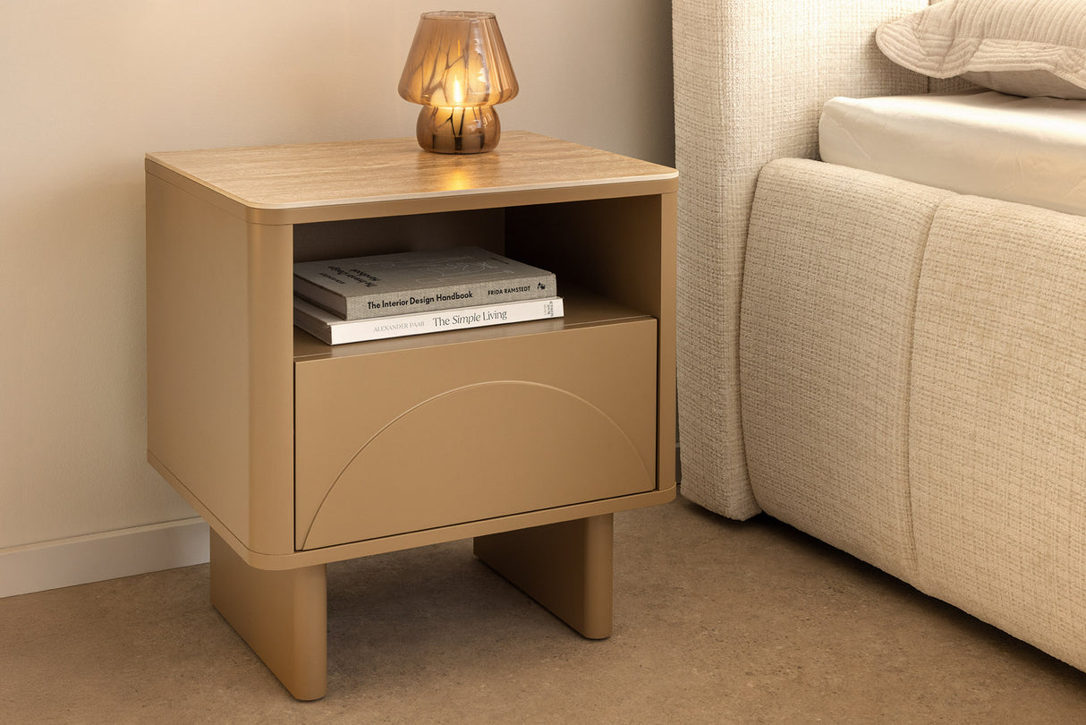 Bedside table SAVOY 50cm 3D natural w/ travertine marble ceramic top