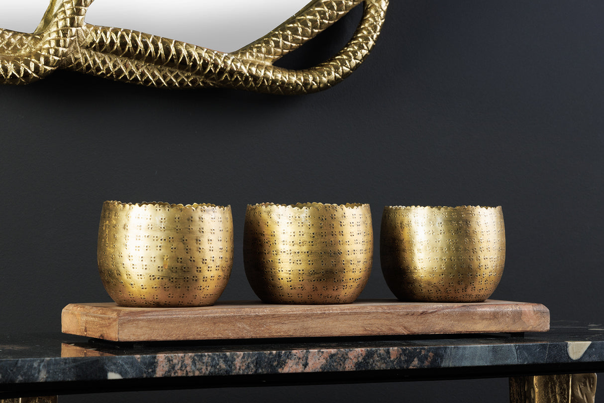 Schale ORIENT 3er Set Hammerschlag-Effekt gold natur Mangoholzsockel