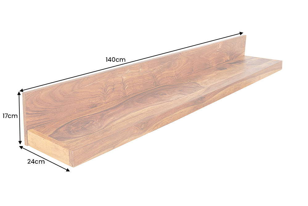 Wandregal MAKASSAR 140 cm, Naturstein-Finish, Sheesham-Holz