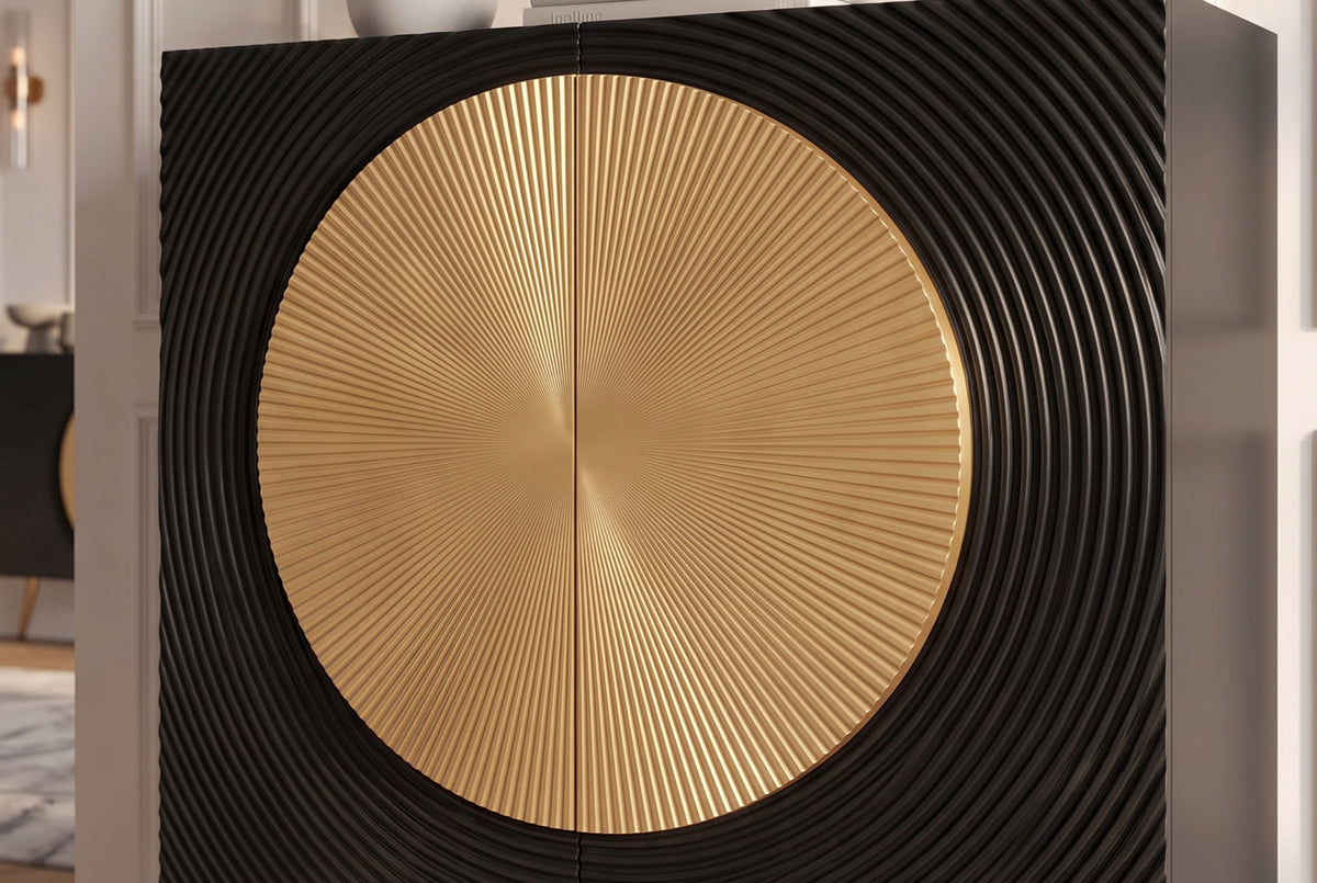 Highboard AURUM 120cm textured front gold circle accent mango wood black gold metal feet