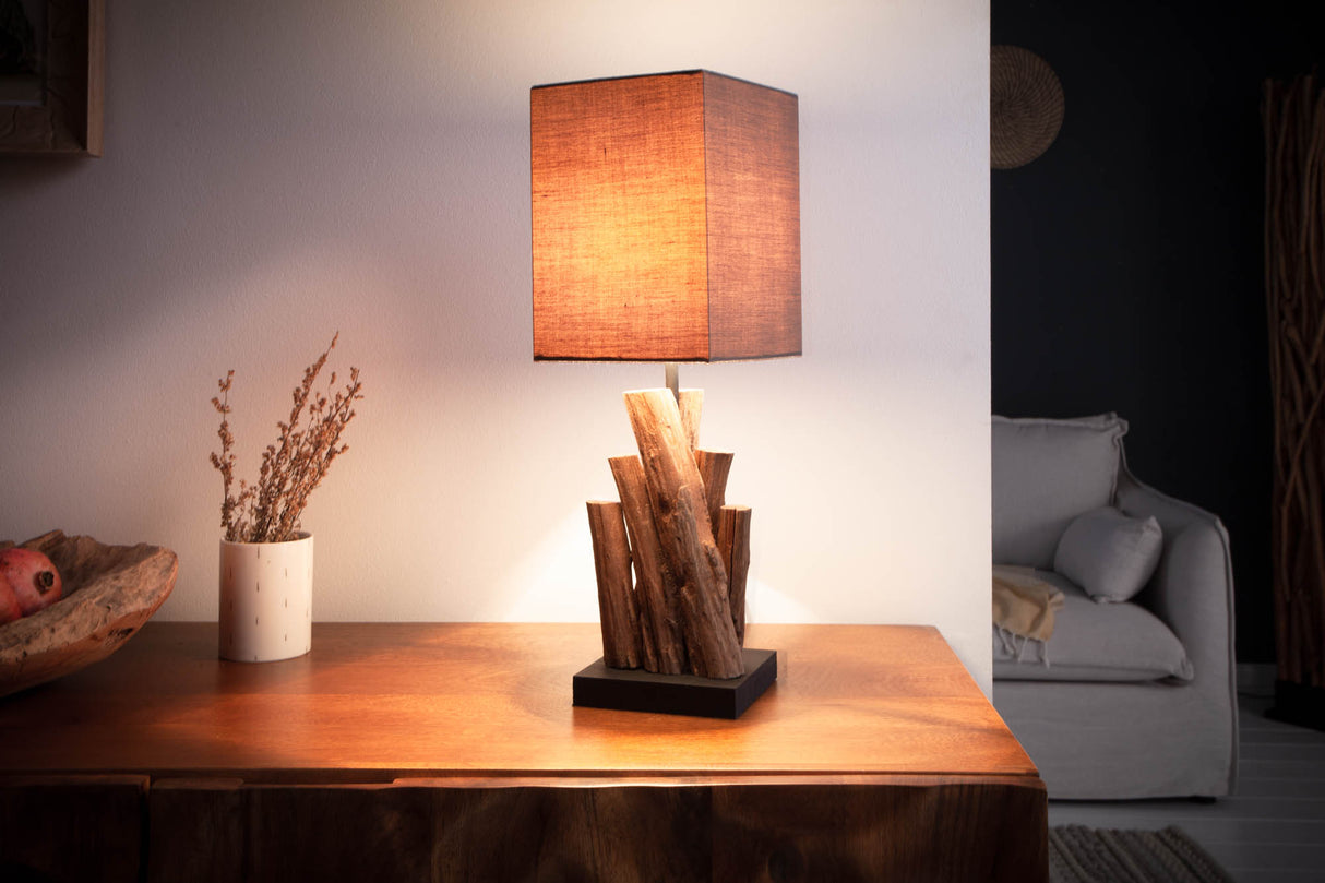 Tischleuchte PURE NATURE 45cm Recycling-Eisen Holz mit Baumwollschirm braun