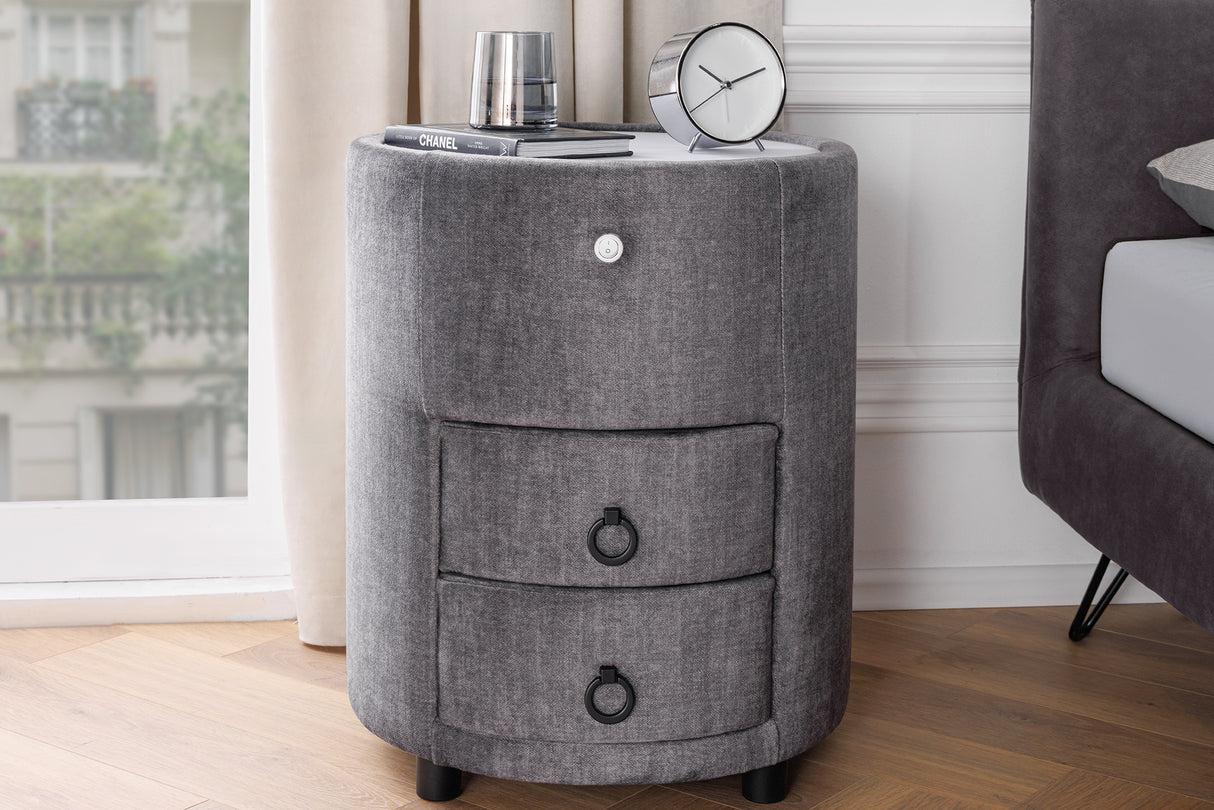 Bedside table SIGNUM round w/ LED light 55cm velvet grey