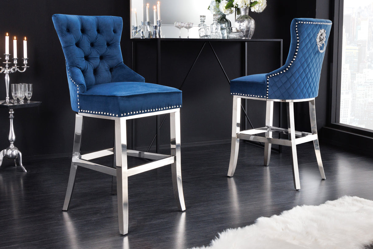 Bar chair CASTLE DELUXE 74cm w/ lion´s head velvet grey in baroque style