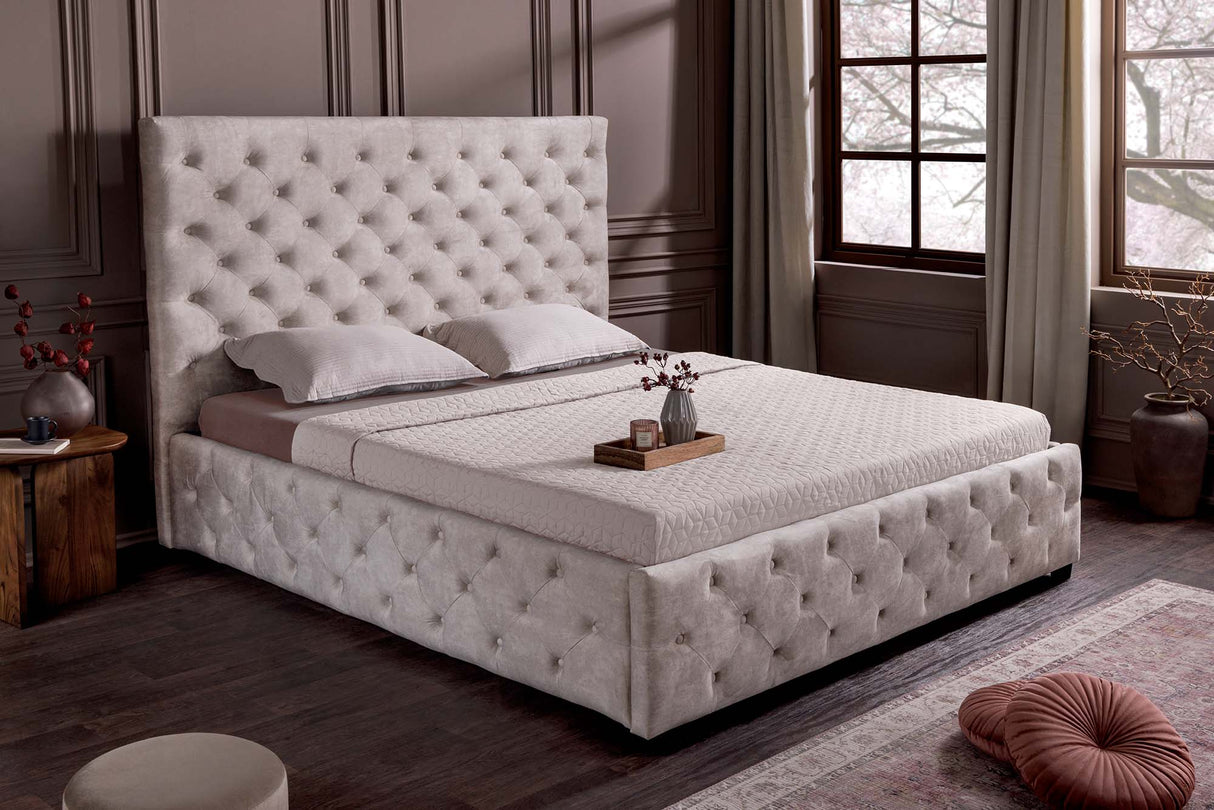 Bed PARIS 160x200cm CHESTERFIELD look velvet champagne beige w/ storage space