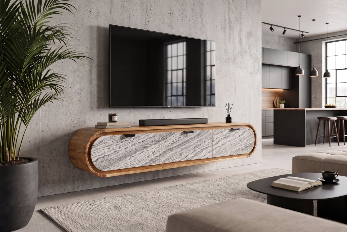 TV-Board ORGANIC 160cm hanging acacia wood natural w/ stone look front