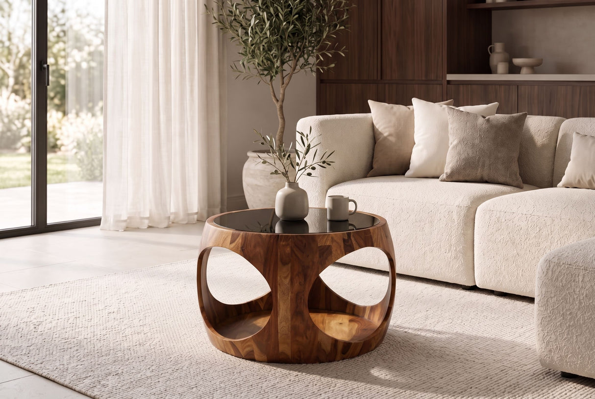Couchtisch ORGANIC LOOP 60cm rund m. Stauraum Schwarz Rauchglas Sheeshamholz Braun