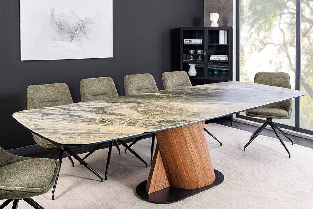 Dining table ELEMENTS 180-260cm extendable walnut frame w/ ceramic top taupe beige marble look