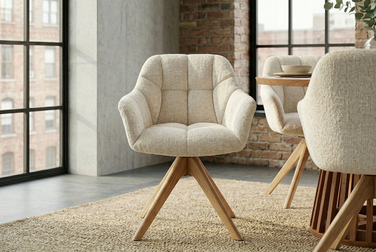 Swivel chair PAPILLON rotatable 180° w/ armrests chenille champagne beige oak