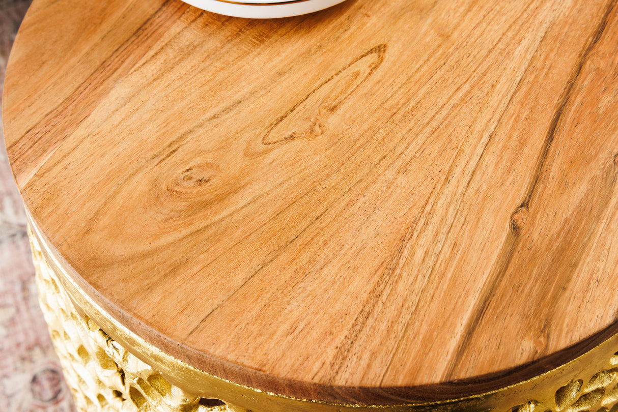 Coffee table LEAF 40cm set of 2 gold with acacia wood plate