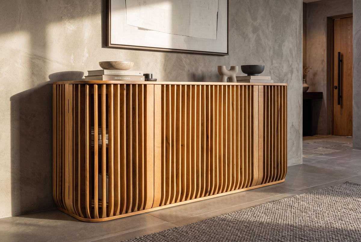 Sideboard SCULPTURA 170cm offene Lamellenfront abgerundete Kanten Mangoholz natur