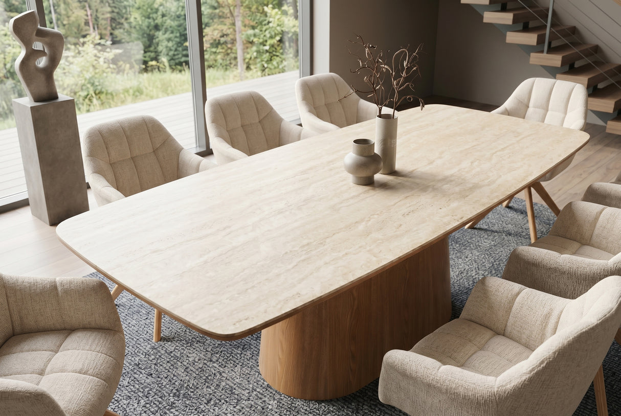 Dining table UNIQUE 200cm oak wood verneered w/ ceramic top white marble light brown