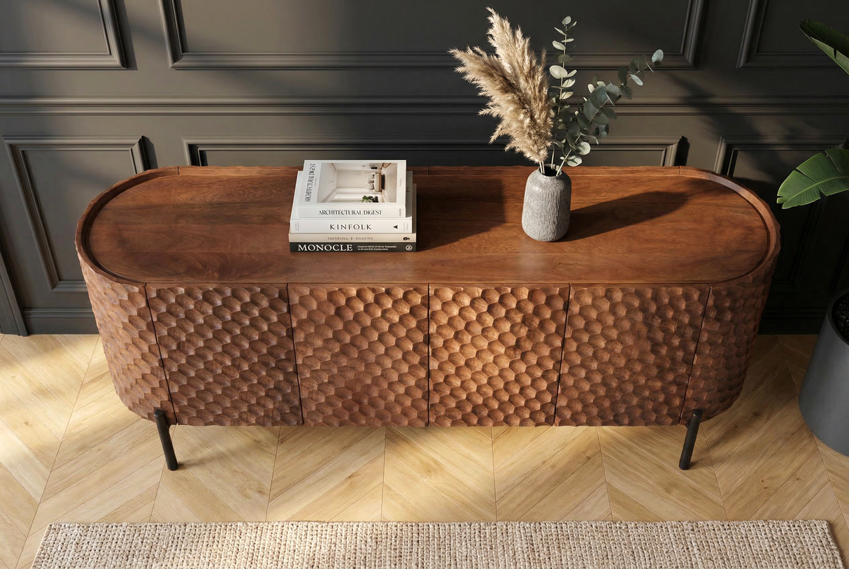 TV-Board ADLON 160cm 3D Mango Massivholz mit schwarzem Gestell