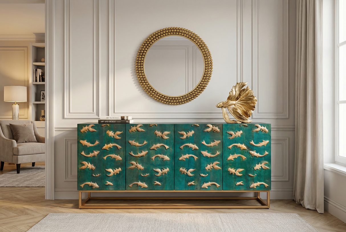 Sideboard GOLDEN LAGOON 180cm 3D Mangoholz Türkis Metall Gold