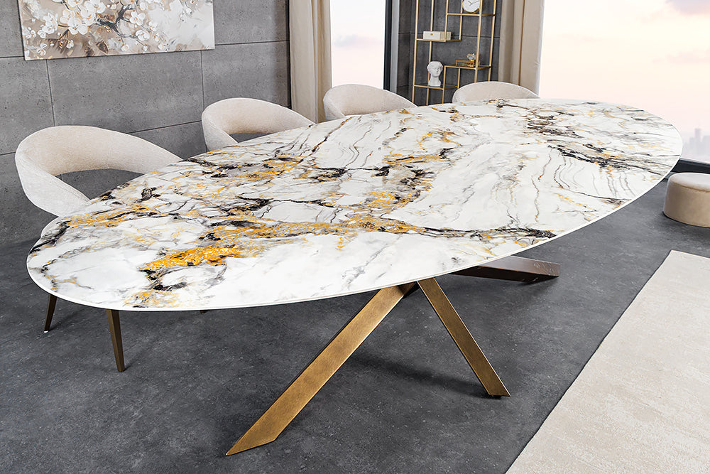 Esstisch SCULPTURE 280cm ovales Bronzegestell mit Keramikplatte mehrfarbige Marmoroptik
