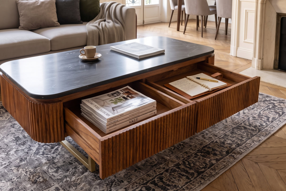 Couchtisch GATSBY 110cm Retro-Stil Mangoholz goldene Marmorplatte schwarz