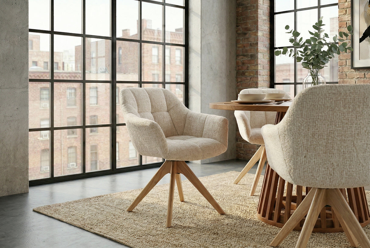 Swivel chair PAPILLON rotatable 180° w/ armrests chenille champagne beige oak