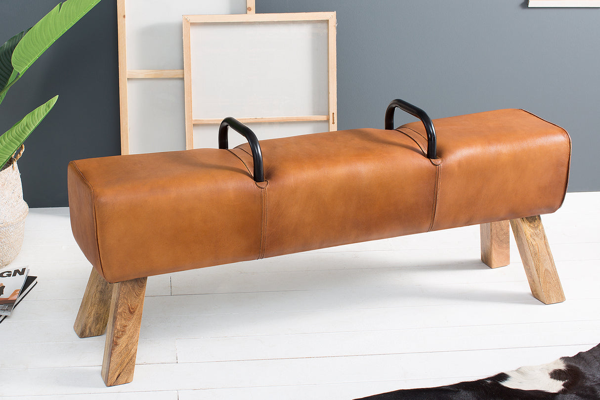 Bench BOCK 134cm with handles genuine leather light brown
