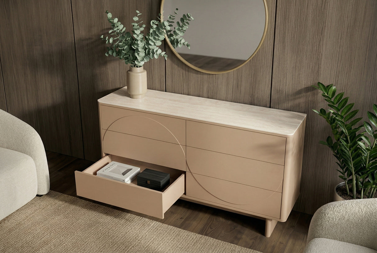 Sideboard SAVOY 150 cm 3D Natur mit Travertinmarmor-Keramikplatte