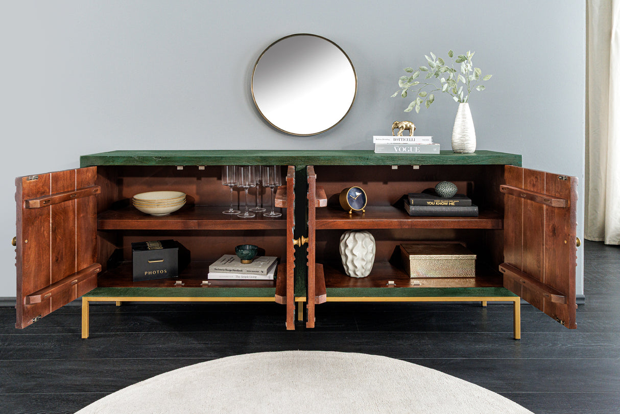 Sideboard PEACOCK 175cm 3D Mangoholz Antik-Look dunkelgrün gold handgefertigt