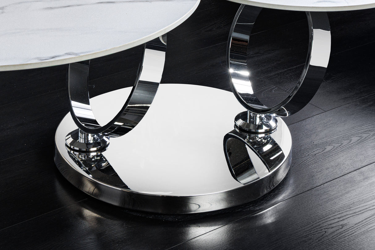Coffee table DANCING RINGS 80-135cm rotatable w/ chrome rack and ceramic top white marble