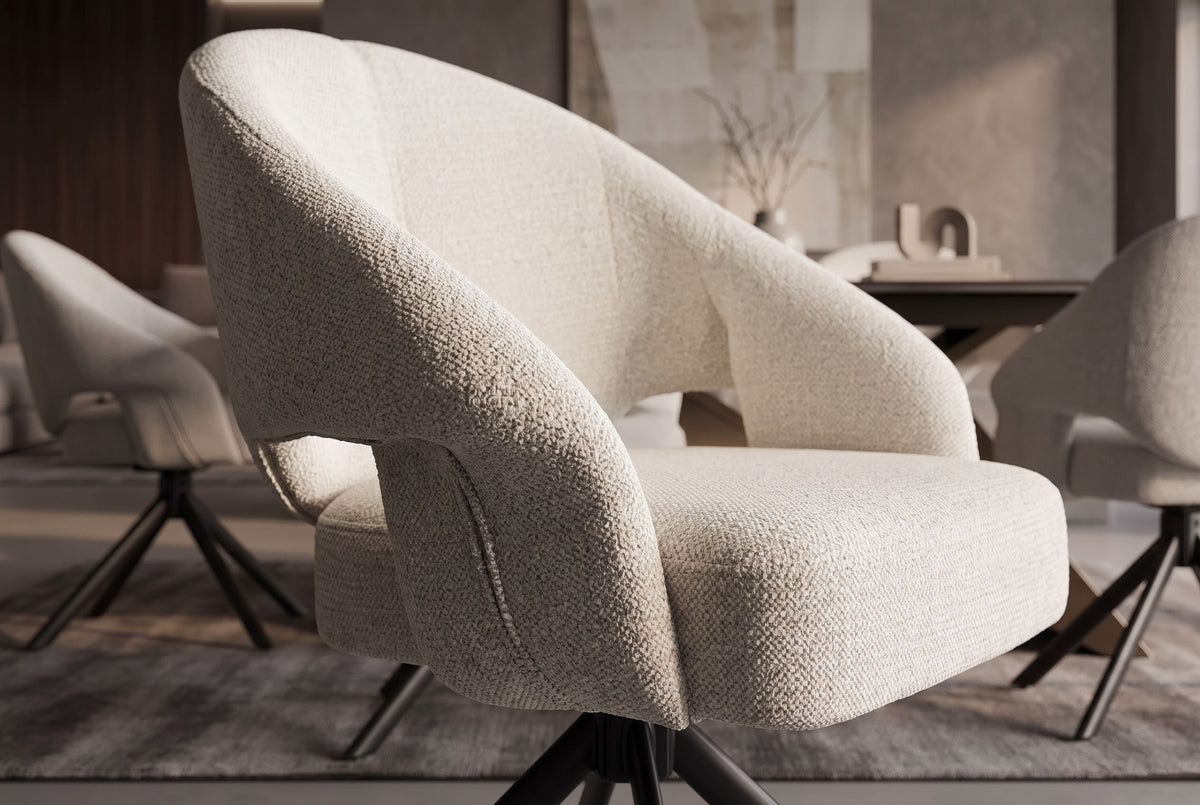 Drehstuhl BELLAGIO 180° Auto-Return-Funktion mit Armlehnen Rückenlehnenaussparungen Chenille beige Metallgestell schwarz