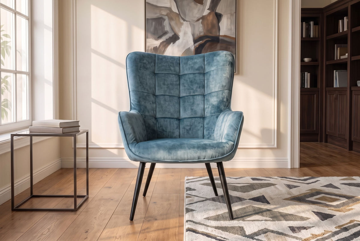 Armchair SCANDINAVIA stitched backrest velvet petrol w/ black metal legs